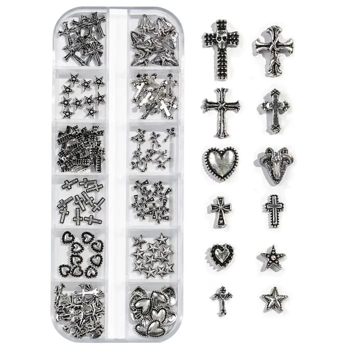 Boîte de 12 grilles Vintage en forme de croix en alliage de Zinc, bijoux pour ongles, fournitures en