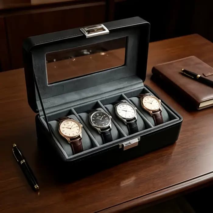 Organisateur de rangement pour montres de collection, boîte à montres en cuir verrouillable à 4 emplacements + 2 boîtes à bijoux pour la maison et les voyages