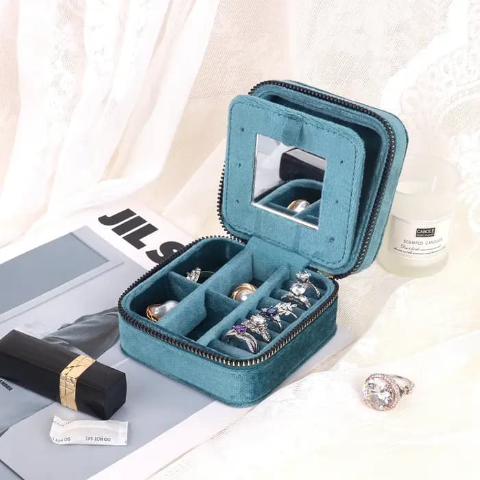 Boîte à bijoux en velours losange avec miroir pour femmes