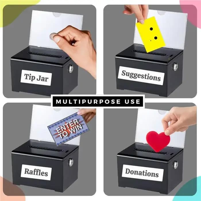 Boîte à dons et suggestions en acrylique blanc avec serrure et porte-panneau pour votes tombolas et collecte sécurisée en bureau ou école