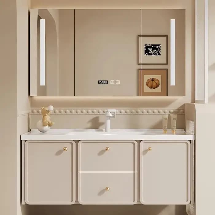 Meuble de salle de bain intégré de style crème moderne avec peinture au chêne, lavabo intelligent, l