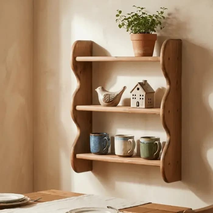 Étagère murale en bois à 3 niveaux, grande capacité, avec vis, bord ondulé, étagère murale en bois, support de rangement mural peu encombrant
