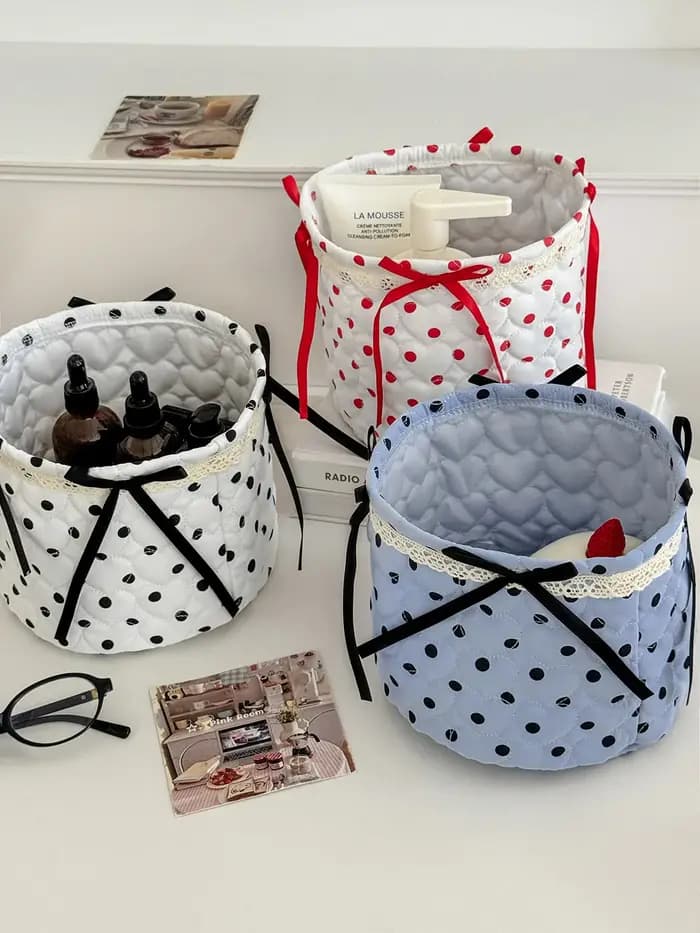Nouvelle boîte de rangement de bureau YT à pois avec nœud