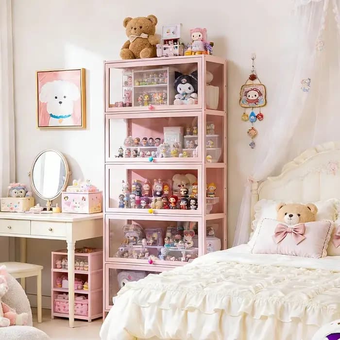 Vitrine de présentation multifonctionnelle en verre rose, anti-poussière, pour figurines et objets de collection
