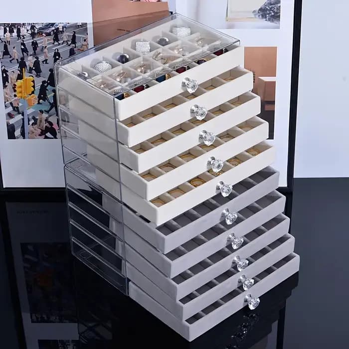 Boîte de rangement de bijoux en acrylique anti-poussière à 7 niveaux nouvellement améliorée