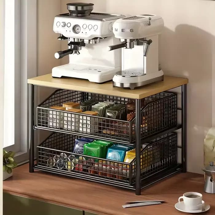 1 support de rangement pour comptoir de cuisine peu encombrant avec tiroirs et paniers métalliques