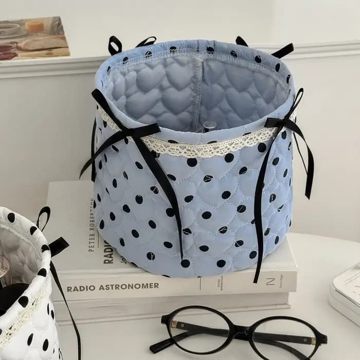 Nouvelle boîte de rangement de bureau YT à pois avec nœud, panier de rangement pour articles divers,
