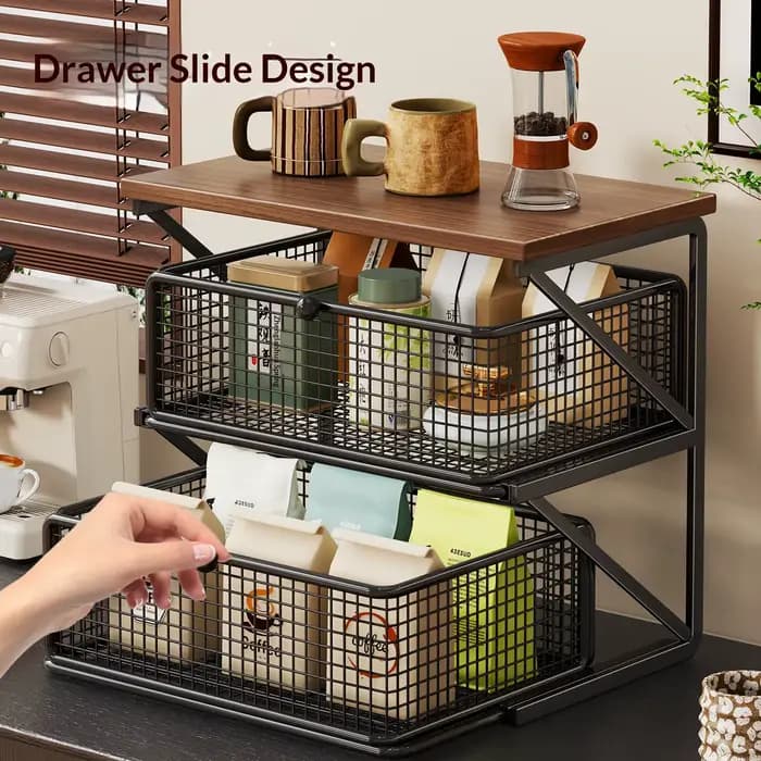 Organisateur d'étagères de comptoir de cuisine, support de rangement à tiroirs en bois de fer, station d'accessoires pour café, pour la maison et le garde-manger