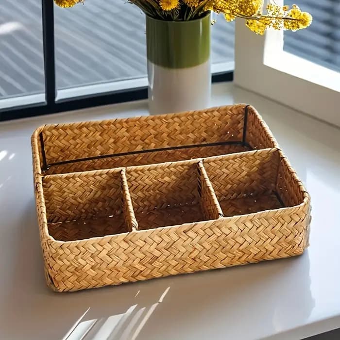 Panier de rangement en jonc de mer tressé à quatre compartiments
