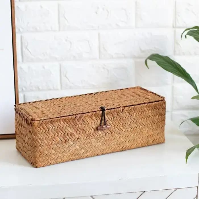 Panier de rangement en jonc de mer avec couvercle