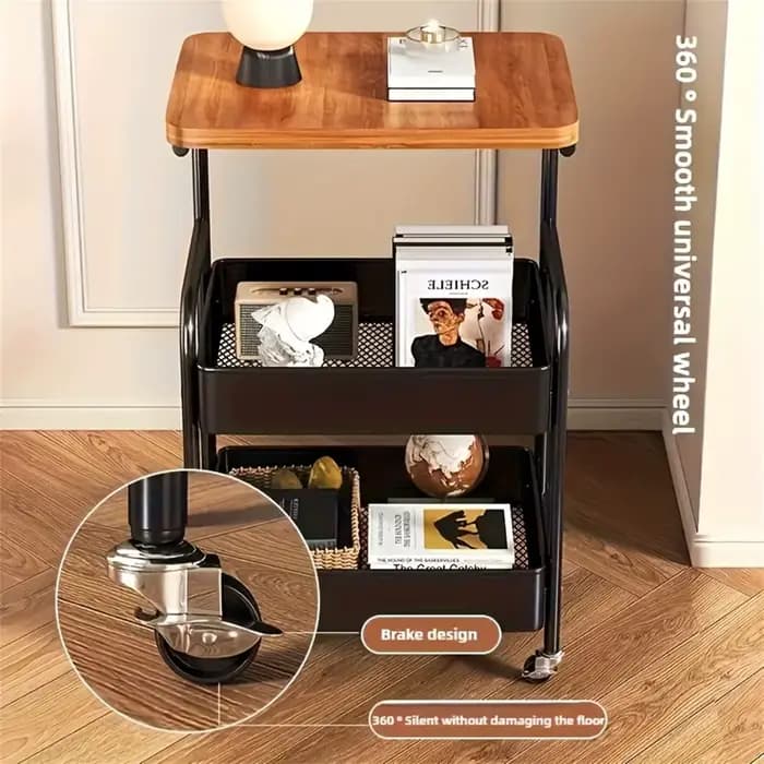Étagère de rangement mobile à 3 niveaux avec plateau en bois massif