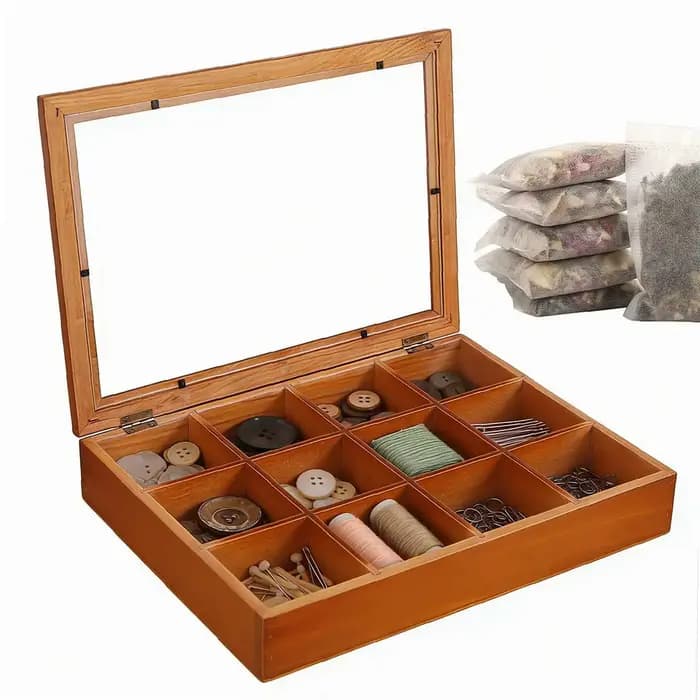 Boîte de rangement en bois à 12 compartiments pour sachets de thé avec couvercle transparent