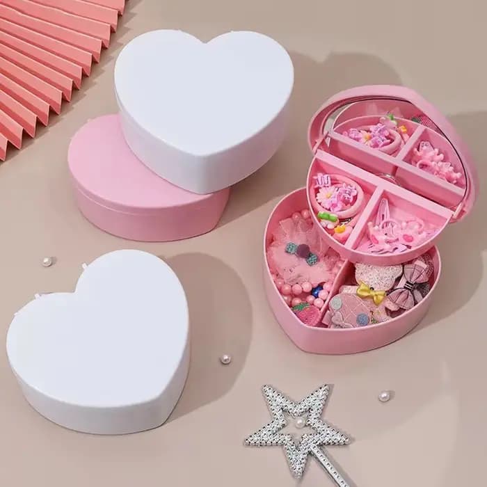 Boîte de rangement pour bijoux en forme de cœur pour filles avec miroir, en plastique rose et blanc, organisateur de bracelets et de bandeaux pour cheveux, présentoir de bijoux pour filles à poser sur