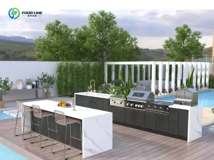 Armoire de cuisine extérieure en acier inoxydable de haute qualité sur mesure avec évier de buanderie moderne et porte en verre - Parfaite pour les petites cuisines