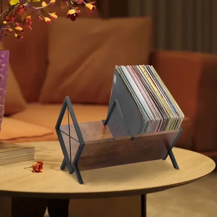 Étagère de rangement pour disques vinyles en bois et métal