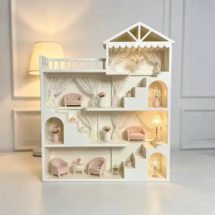 1 pièce Étagère de présentation blanche à plusieurs niveaux avec balcon pour villa miniature, organisateur à plusieurs niveaux, accessoire de décoration pour mini-maison