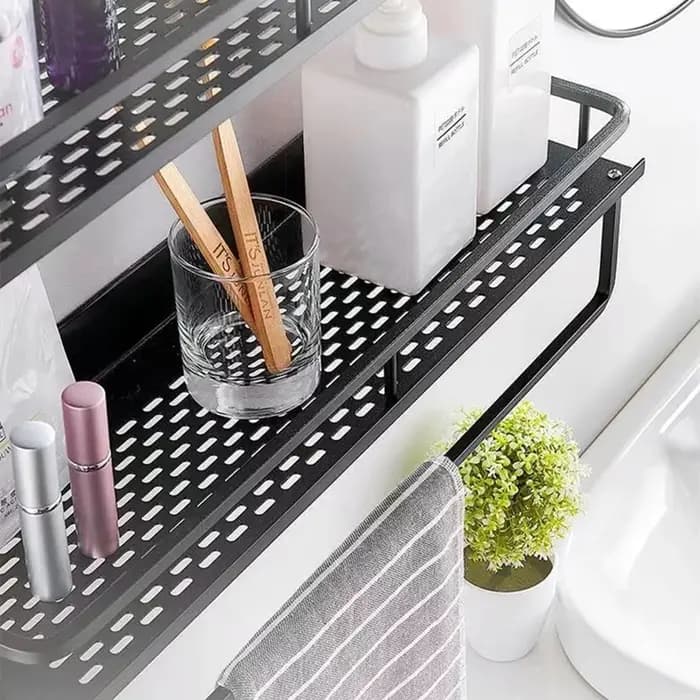 Étagère murale carrée en aluminium noir pour salle de bain