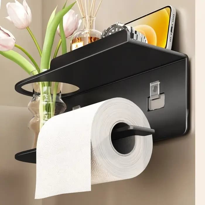 Porte-papier hygiénique mural avec distributeur de rouleaux et étagère de rangement – Organisateur peu encombrant pour toilettes à la maison