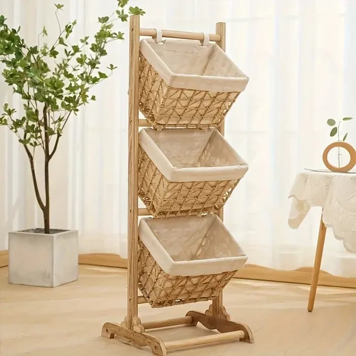 Étagère de rangement sur pied en rotin - Support organisateur en bois | Bibliothèque Boho polyvalente pour chambre à coucher, salon