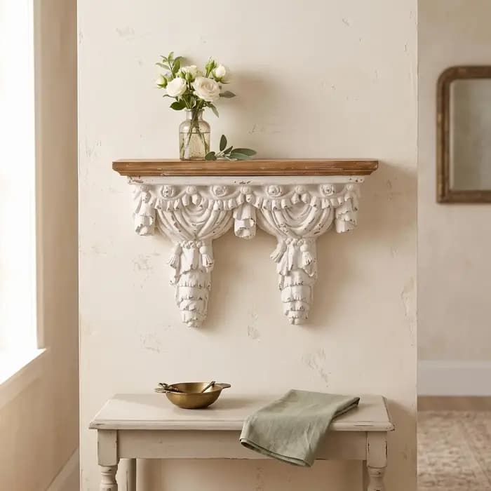 Étagère murale de style français avec support sculpté, ornée, pour salon