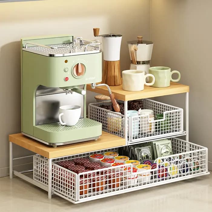 Organisateur de comptoir de cuisine peu encombrant avec tiroir et panier en fil métallique - Étagère robuste en bois dur pour machine à café.