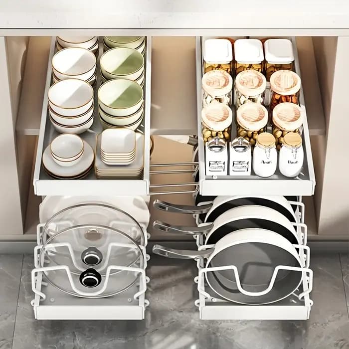 Étagère de rangement pour ustensiles de cuisine et poêles avec boîte