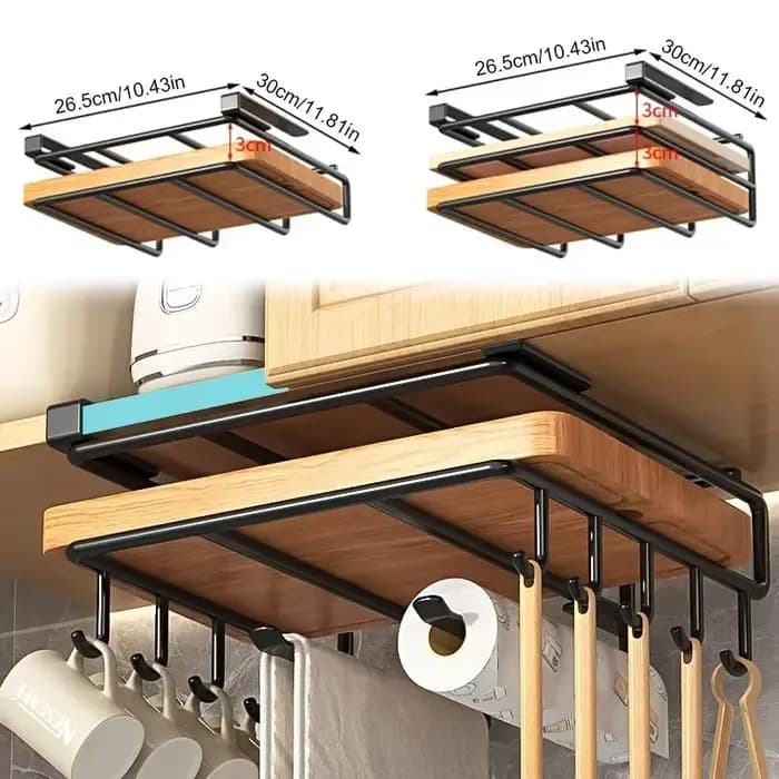Étagère de rangement suspendue pour cuisine avec crochets sous l'armoire