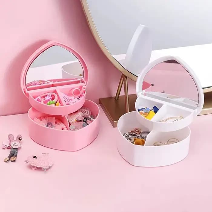 Boîte de rangement pour bijoux en forme de cœur pour filles avec miroir, rose et blanc, en plastique, organisateur de bracelets et d'élastiques à cheveux, présentoir de bijoux pour tiroir ou bureau de