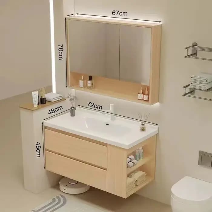 Vanité de salle de bain flottante avec lavabo intégré en céramique, armoire de rangement murale avec
