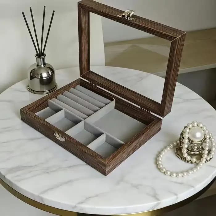 Boîte de rangement pour bijoux avec couvercle en verre, grain de noyer, transparente, boîte à bijoux haut de gamme, anti-poussière et anti-oxydation