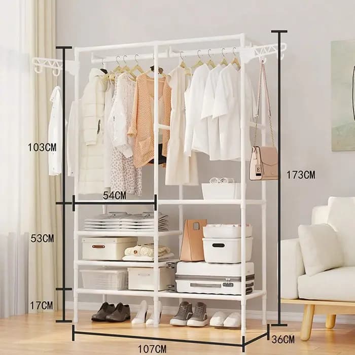 Porte-manteau vertical en métal double rangée pour rangement de vêtements et étagère de sol multifonctionnelle pour chambre à coucher