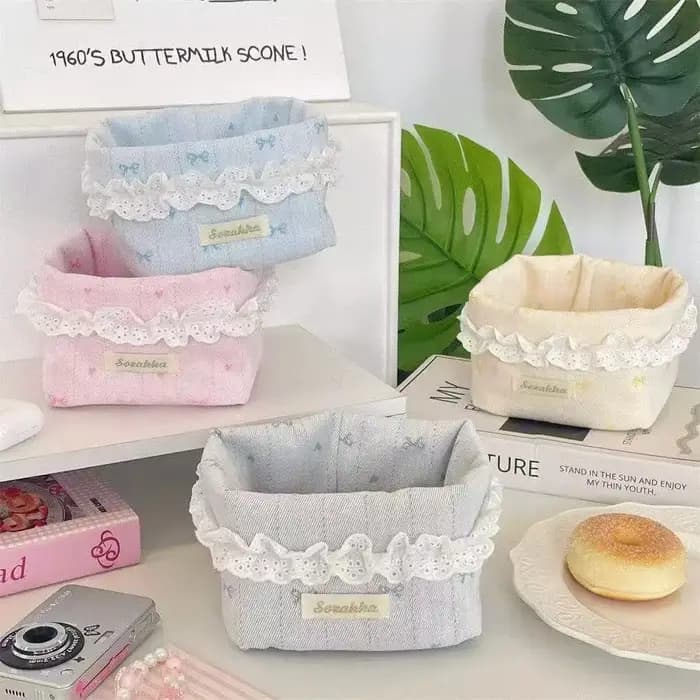 Nouveau panier de rangement en denim style coréen Ins, panier de rangement rectangulaire pour bureau, panier de rangement en dentelle patchwork, cadeau Ins