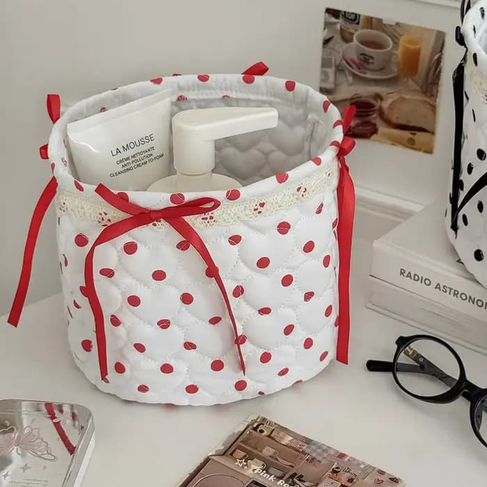 Nouvelle boîte de rangement de bureau YT à pois avec nœud