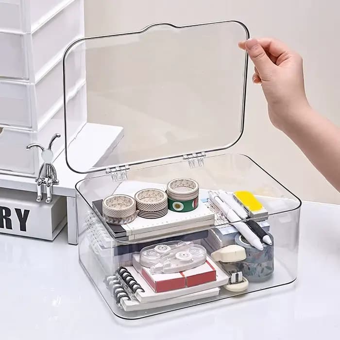 Boîte de rangement en plastique, boîte de rangement couverte, conteneur de rangement de bureau à couvercle rabattable, fournitures de bureau, papeterie, rangement de cosmétiques