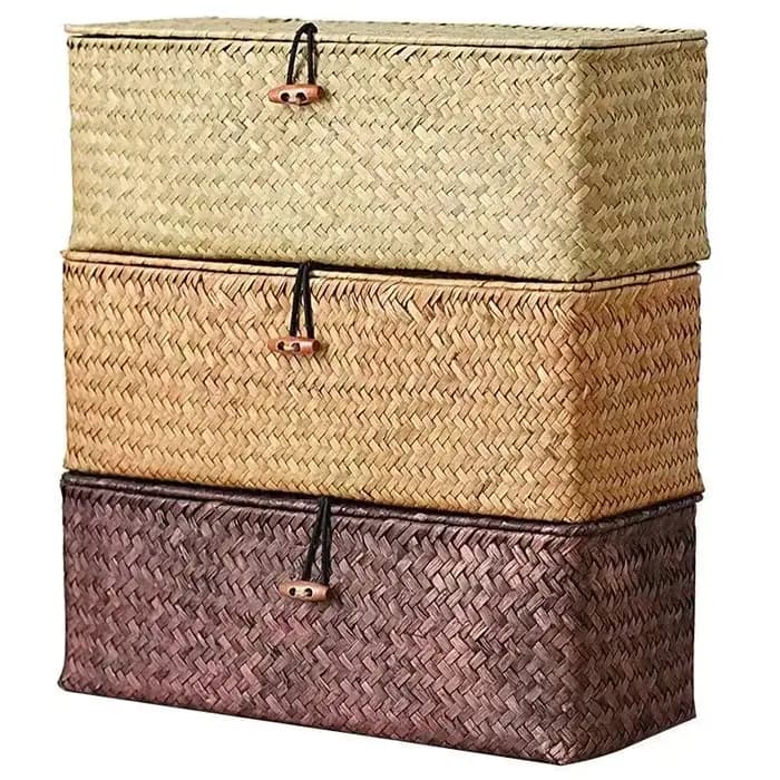 Panier de rangement en jonc de mer avec couvercle