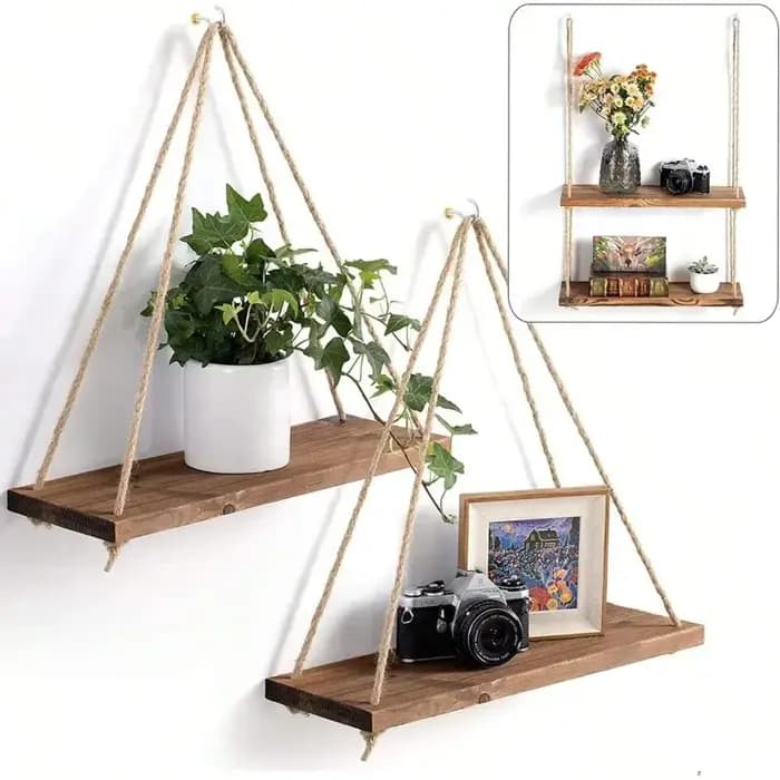 Étagère murale suspendue en bois avec corde de chanvre, plateau flottant pour plantes et pots de fle