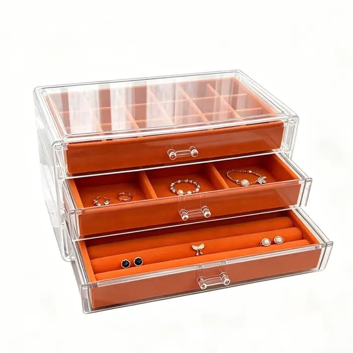 Boîte à bijoux orange à trois couches 18+6+ compartiments en éponge