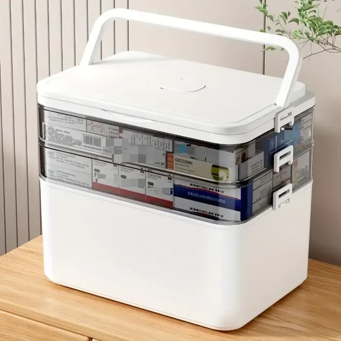 Boîte de rangement de médicaments multi-couches - Organisateur d'urgence familial portable avec fermeture à pression