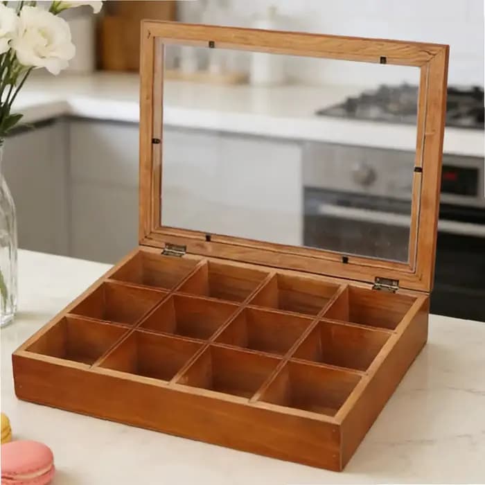 Boîte de rangement en bois à 12 compartiments pour sachets de thé avec couvercle transparent