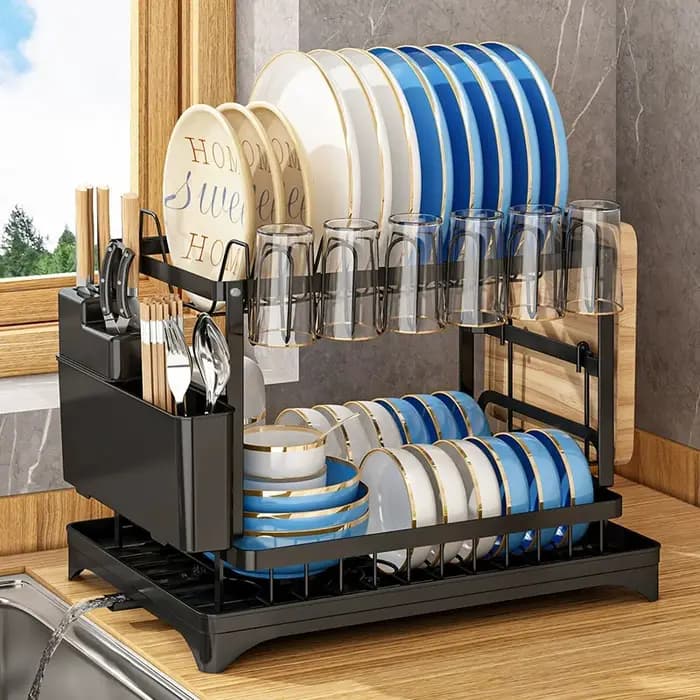 Égouttoir à vaisselle, support de rangement pour plateaux à double couche