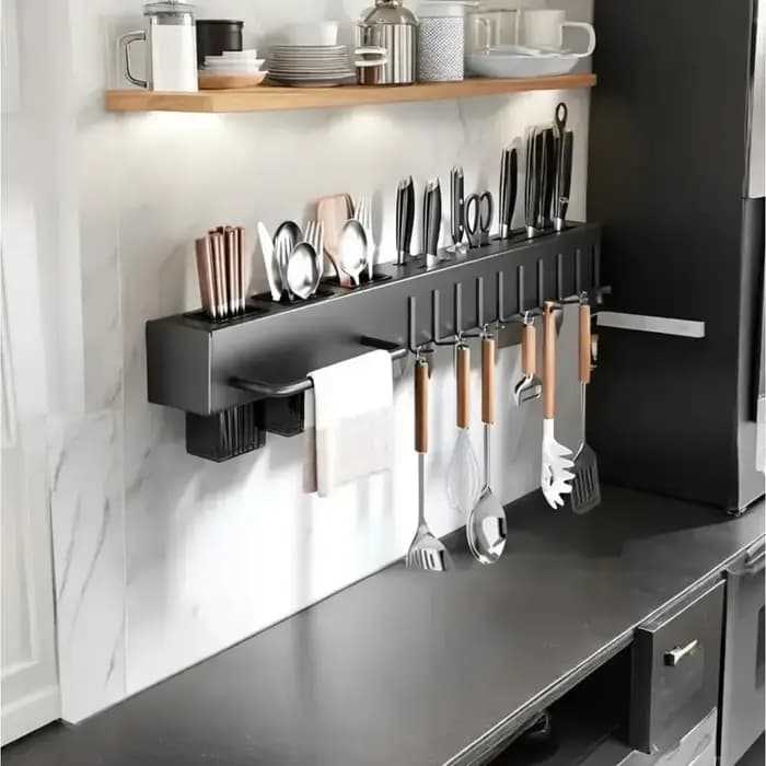 Support de rangement mural multifonctionnel en acier inoxydable pour ustensiles de cuisine