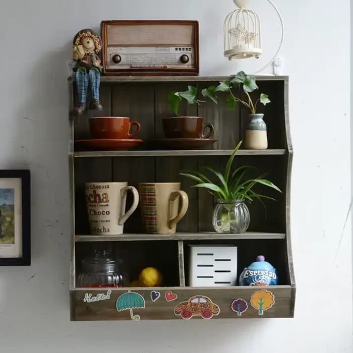 Armoire de rangement montée sur étagère murale en bois massif, avec support, étagère polyvalente, or