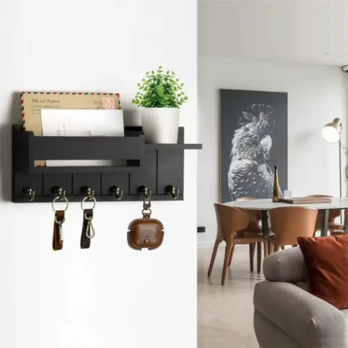 Décor d'entrée à la maison : étagère murale rustique en bois avec 6 crochets pour courrier et clés