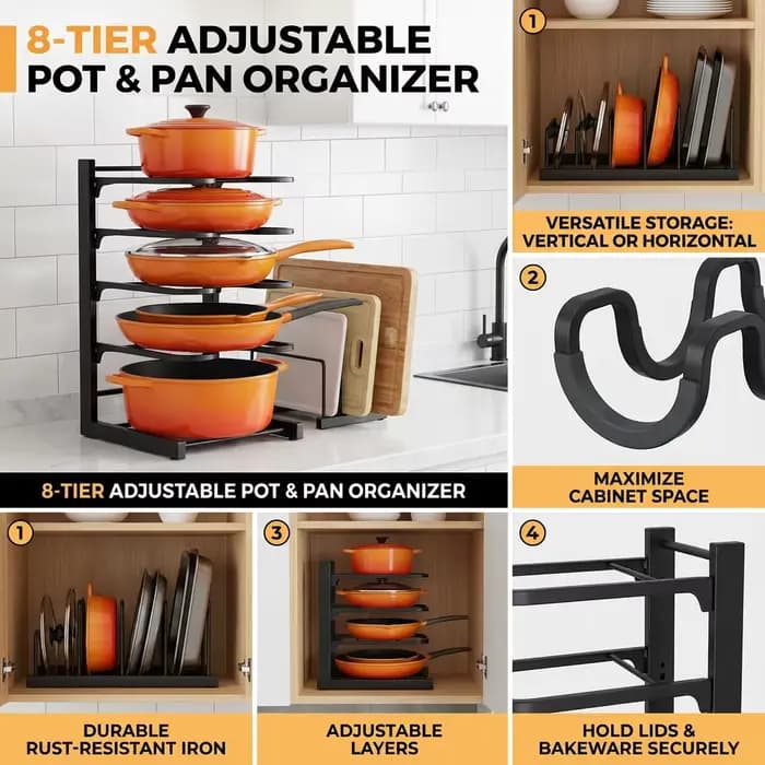 Organisateur de support de casseroles à 8 niveaux peu encombrant