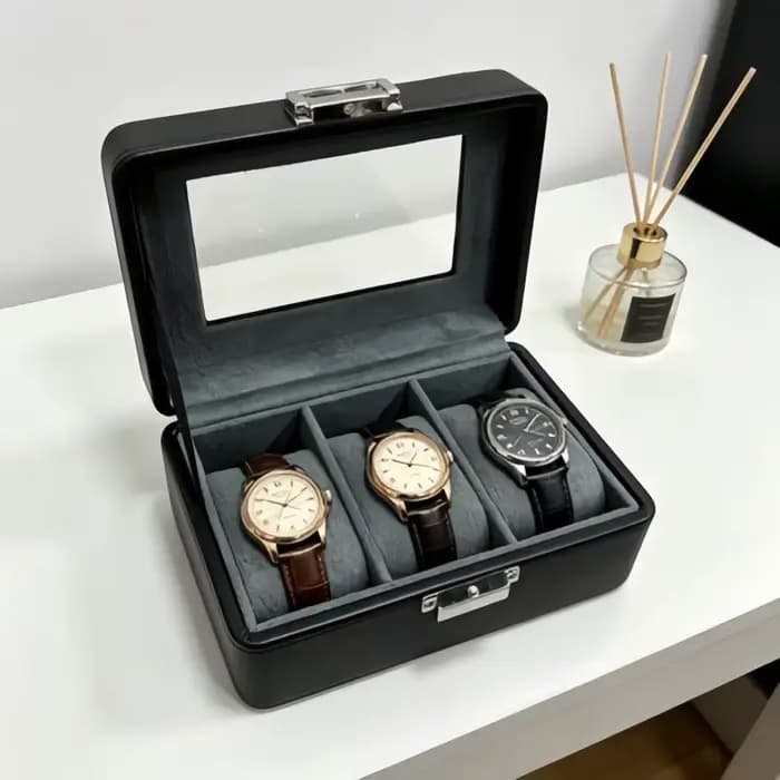 Boîte à montres de luxe en cuir à 3 emplacements avec serrure