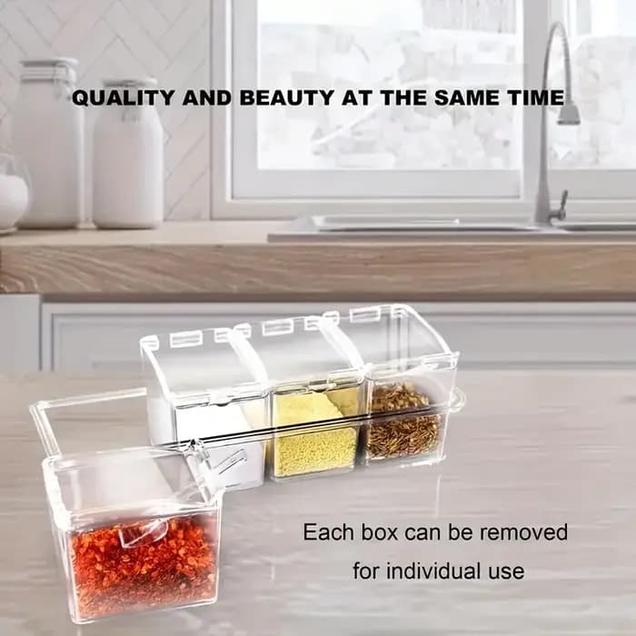 Boîte d'assaisonnement transparente à quatre compartiments avec couvercle de cuillère et Base de rangement