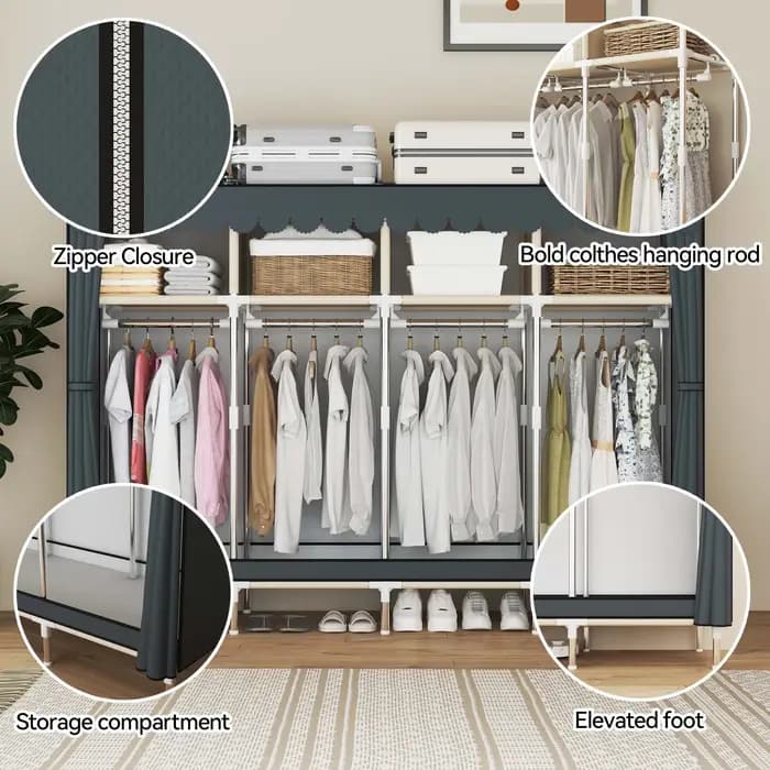 Placard de garde-robe portable autoportant avec 8 espaces de rangement pour familles