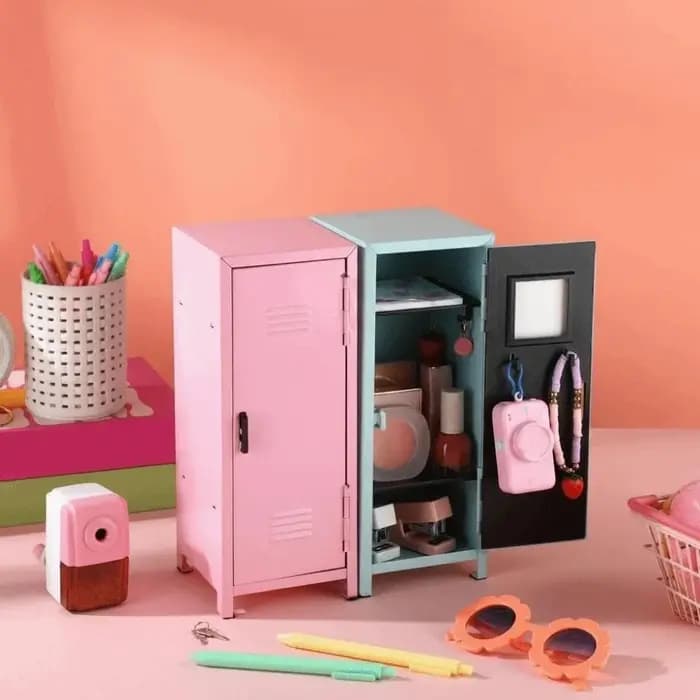 Mignon meuble de rangement vertical en fer pour maquillage, organisateur de bureau verrouillable à deux niveaux avec serrure, armoire à dossiers