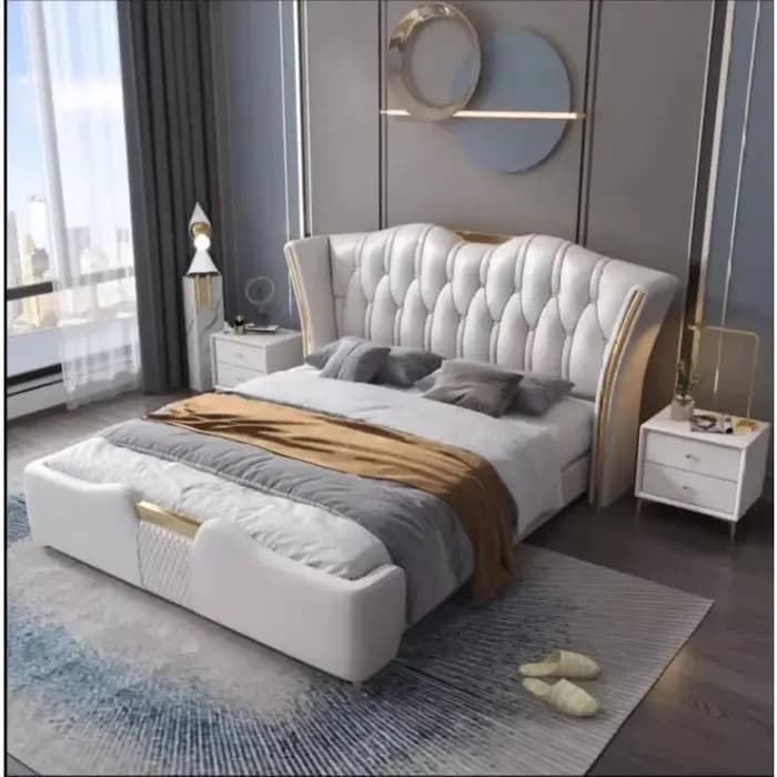 Lit de rangement king size moderne au design italien avec cadre en bois massif et revêtement en cuir