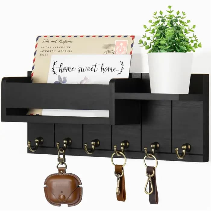 Porte-clés décoratif et organisateur de courrier avec 6 crochets pour clés, porte-clés en bois rusti